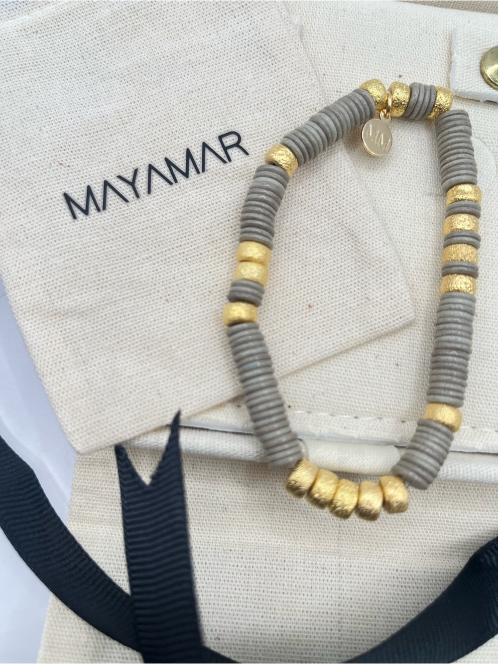 MAYAMAR Gray and Gold Beaded Stretch Bracelet
